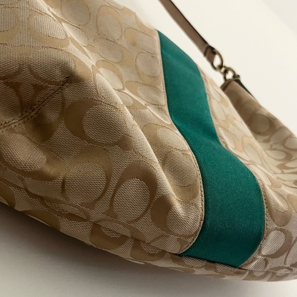 Coach Signature Stripe Green Tan Convertible Hobo Shoulder Bag F29941 Read Notes - Picture 3 of 14